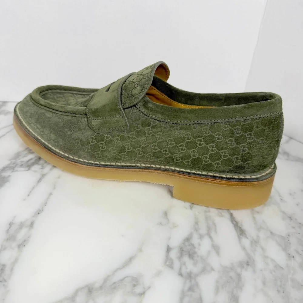 Gucci 831289 Mens GG Monogram Suede Crepe Sole Loafers Green 651289 UK 9.5
